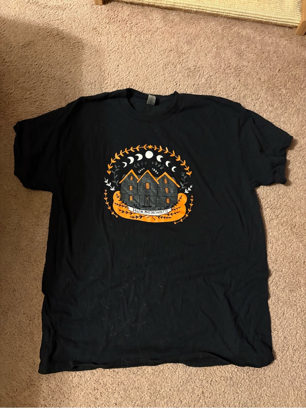 Salem Witch House Black Halloween Graphic Tee with Orange and White Design
